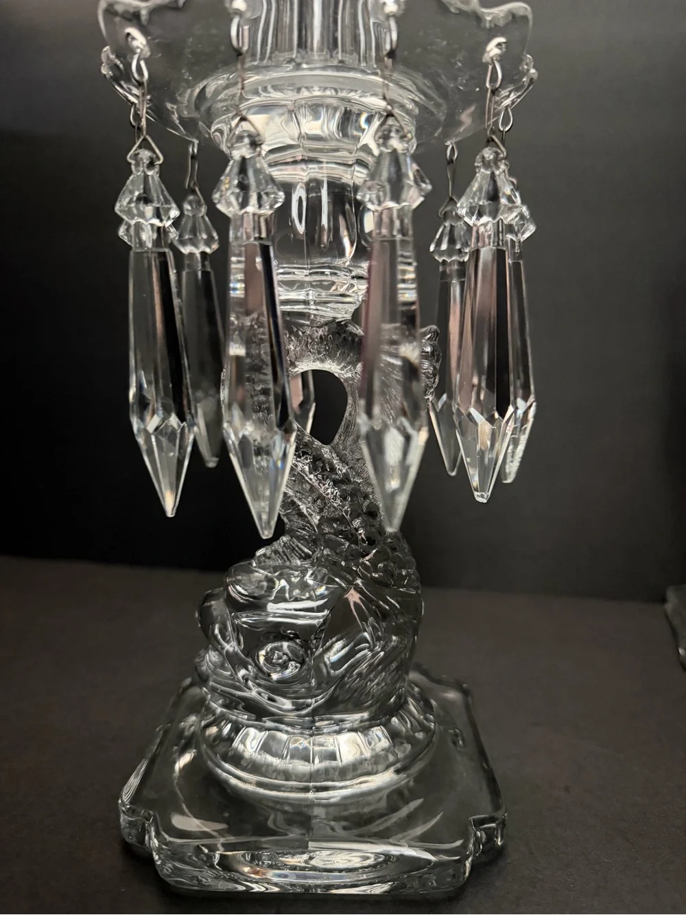 Pair of Cambridge Glass Candle Holders Fish Figure Bases w/Crystal Prisms 9,5